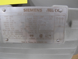 MOTOR, ELECTRIC TYPE, 50 HORSEPOWER, 460VAC 3 PHASE 60HZ ELEC RATING, 3600 RPM, 326TS FRAME, 55 FLA, TEFC ENCLOSURE. NEMA DESIGN B KVA CODE G CLASS F INSULATION SPACE HEATERS 2-280W @ 240 VOLT. PART # 1LE23013BA212AA3 (W-44) LOADING & HANDLING FEE $15-